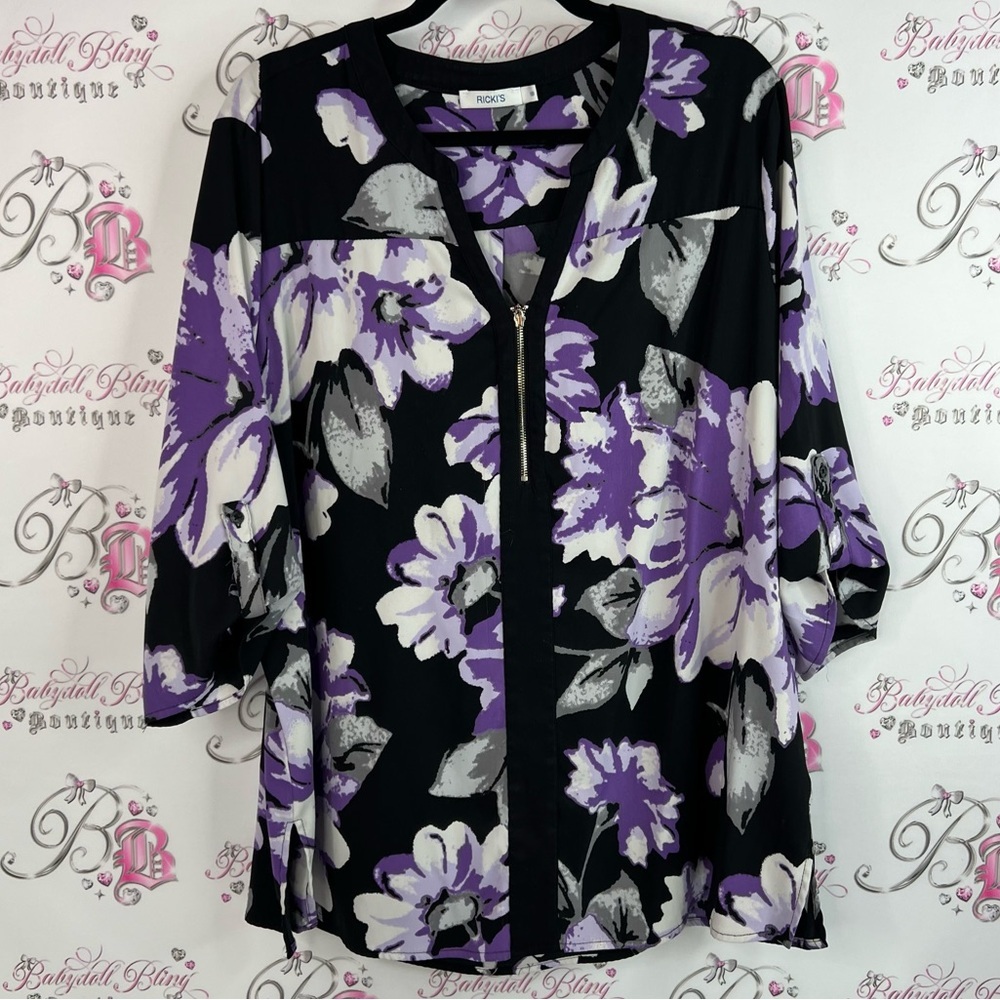 Ricki's long sleeve blouse half zip silver Black and Purple Floral Blouse